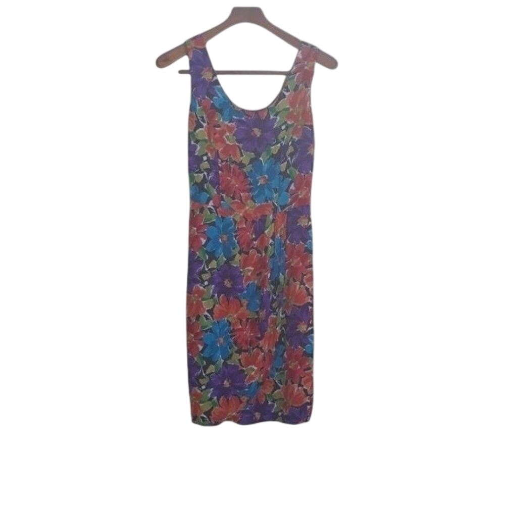 Vtg 80's Tropical Hawaiian Dress Sz M Belted Multicolor Floral Resort Vacation - Picture 1 of 8